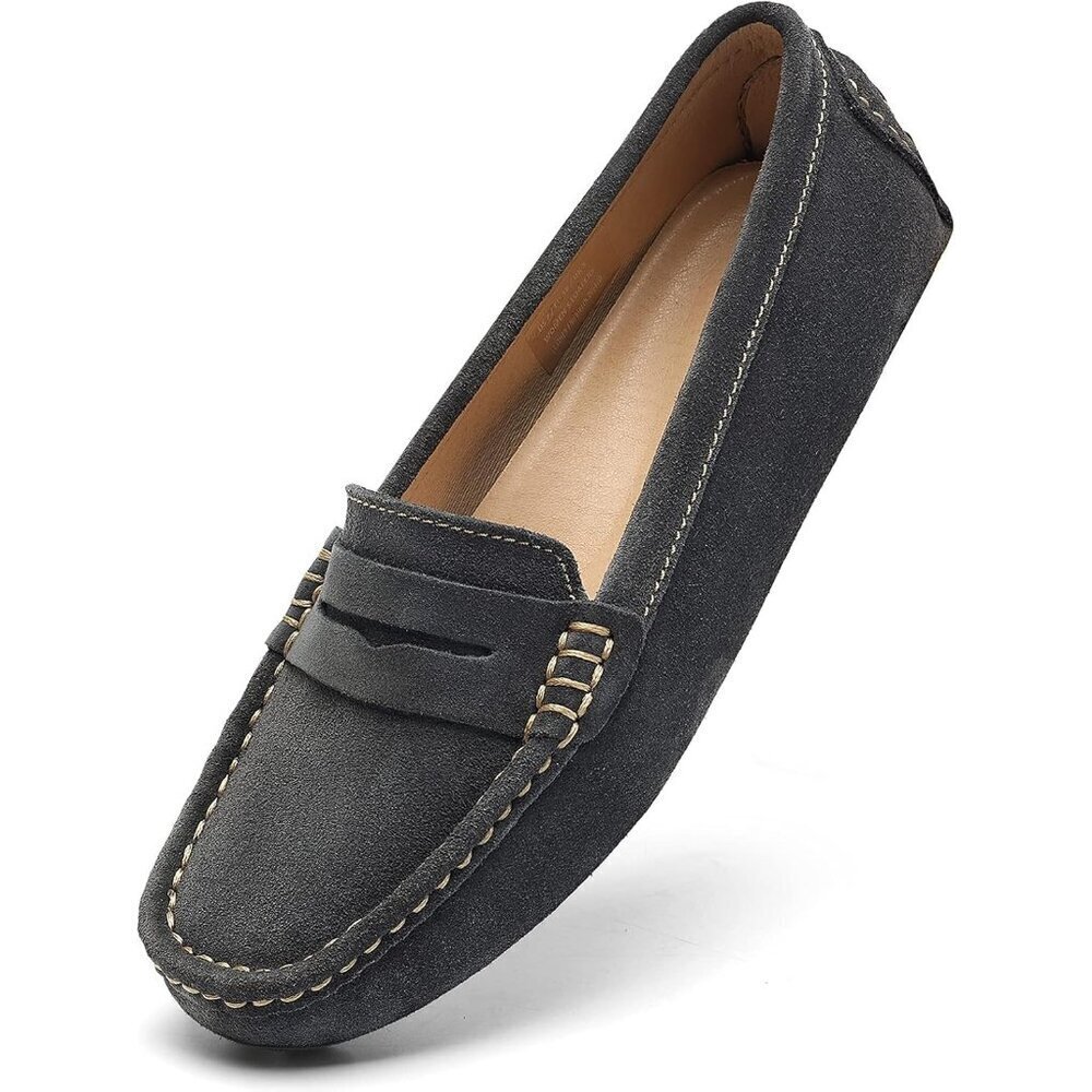Women's Grey Suede Leather Slip-On Fashion Retro Casual Penny Loafers Shoes